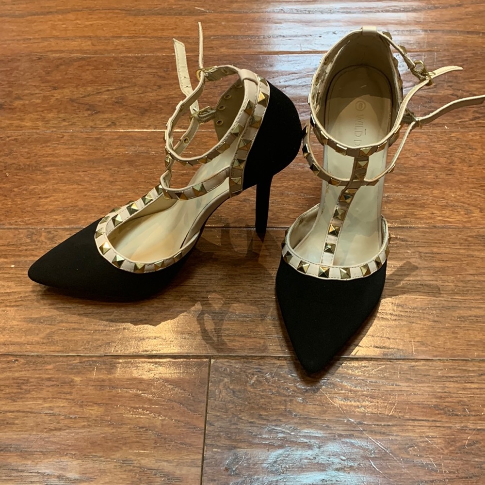 Wild Diva Lounge Adora 55 Black Studded T-Strap Pointed Heels
